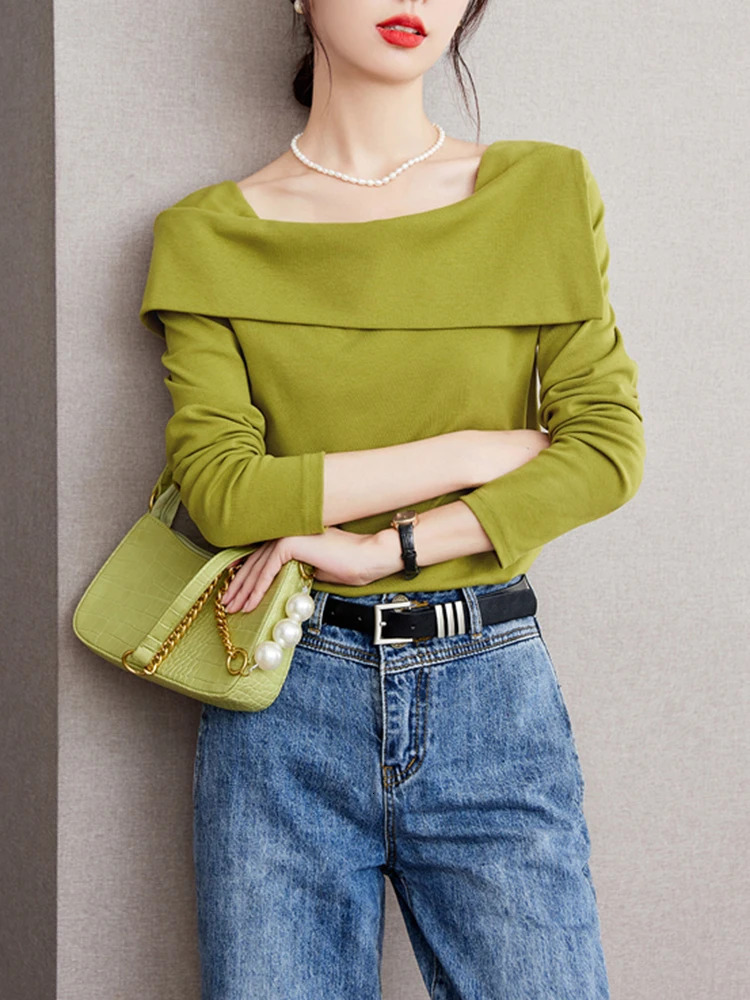 Autumn French Square Neck Tops Temperament Versatile Long Sleeved T-shirt Women Sexy Solid Color Slim Fit Top 240806