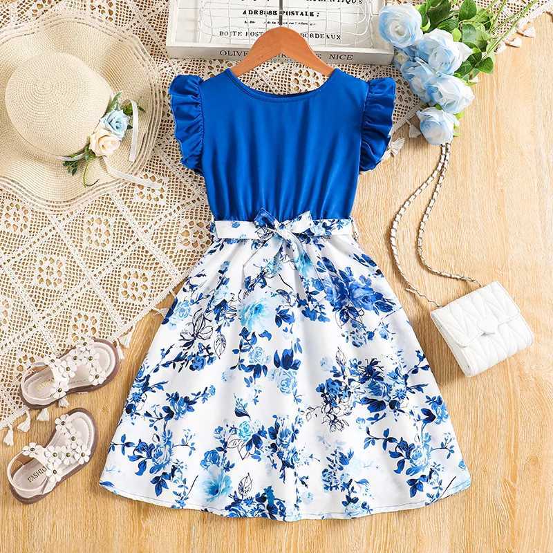 8-12 Year Old Children and Girls Blue Printed Petal Sleeve Dress Casual Style Princess Elegant Skiing Beach Holiday Childrens ClothingW240720