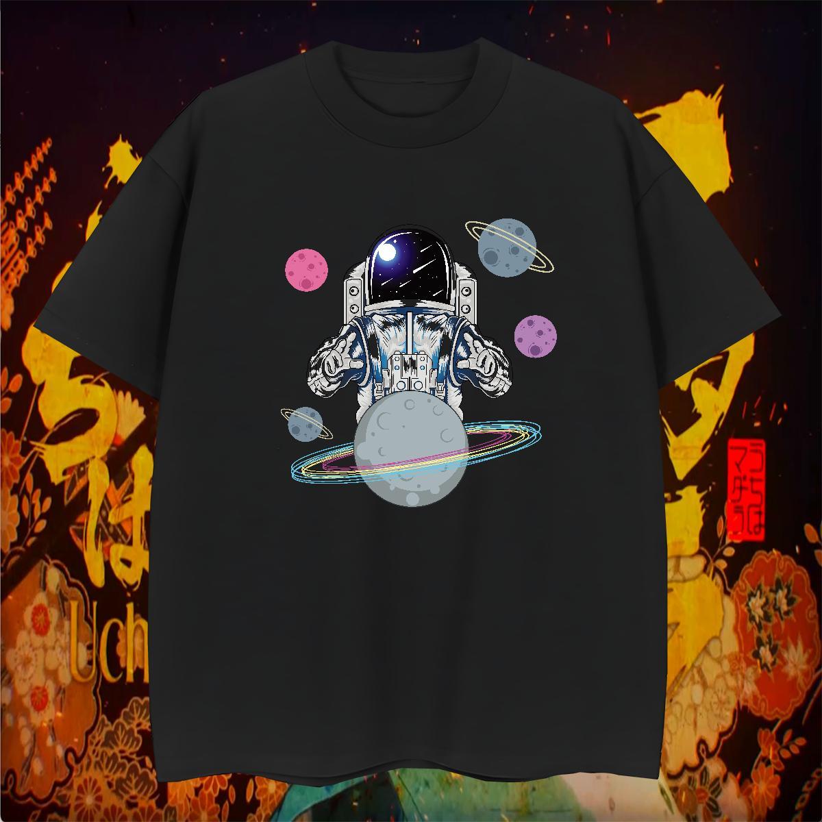T Shirt For Man 230g 100% Cotton cosmonaut Street Casual Breathable Short Sleeve Plus Size Cartoon Men Tops Tees Fashion Casual Popular Tee Shirt