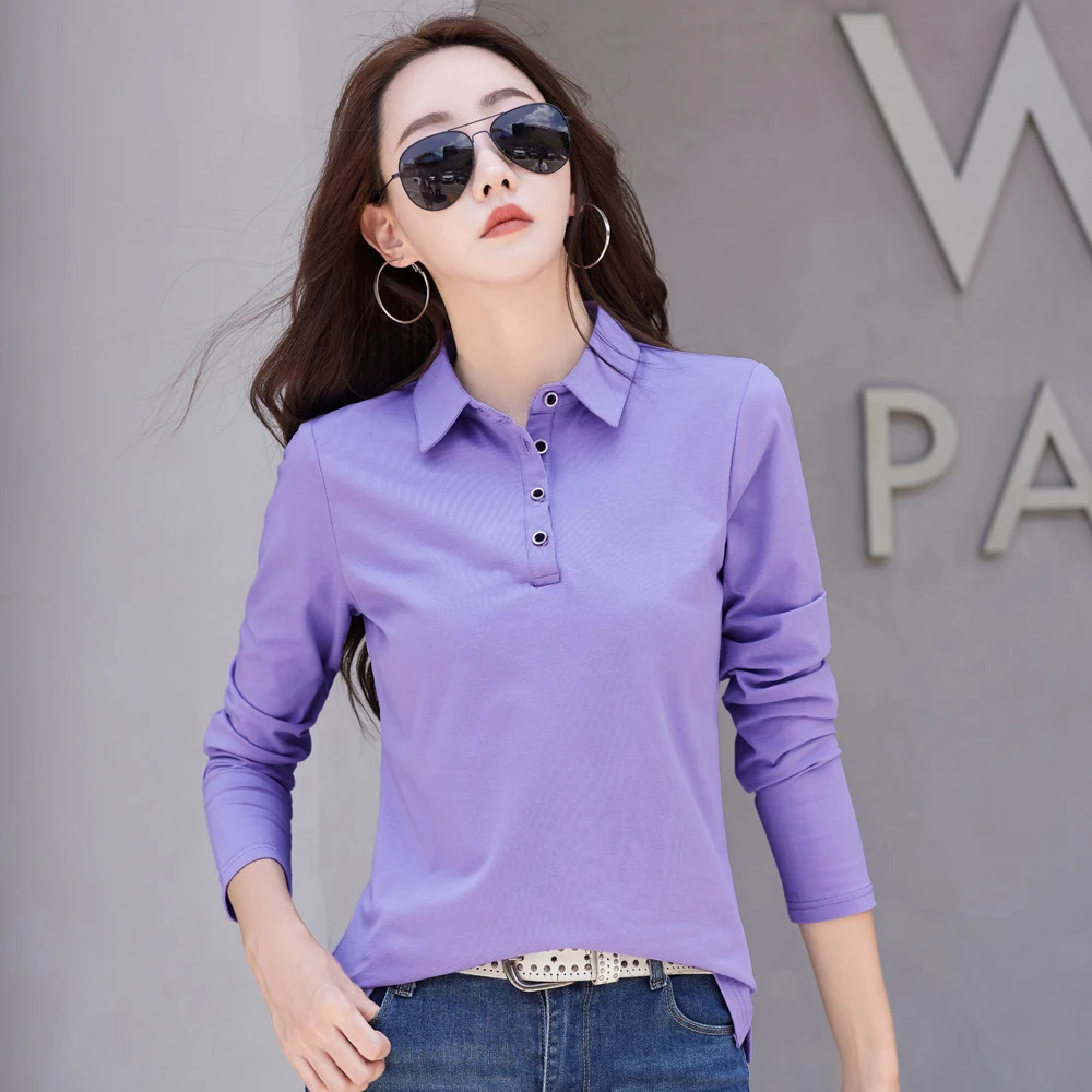 Autumn In Basic T Shirt Long Sleeve Cotton Plus Size Cotton Polo T- Shirt Women Button Casual Office Lady Formal Women Tops 240806