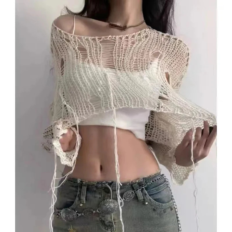 Boho Women Knitted T Shirt Y2k Hollow Out Loose Female Crop Tees Vintage Korean Ripped Long Sleeve All Match Ladies Jumpers 240806