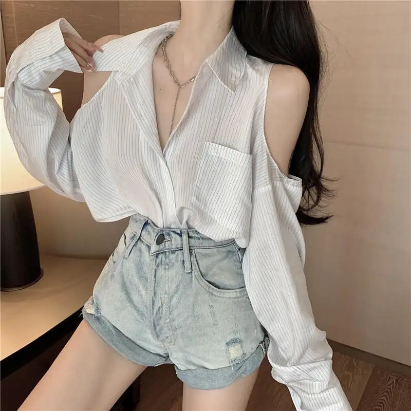 Womens Shirt And Blouse Off Shoulder Thin Style Female Tops Striped Collection Tall Pretty M Aesthetic Promotion 240806