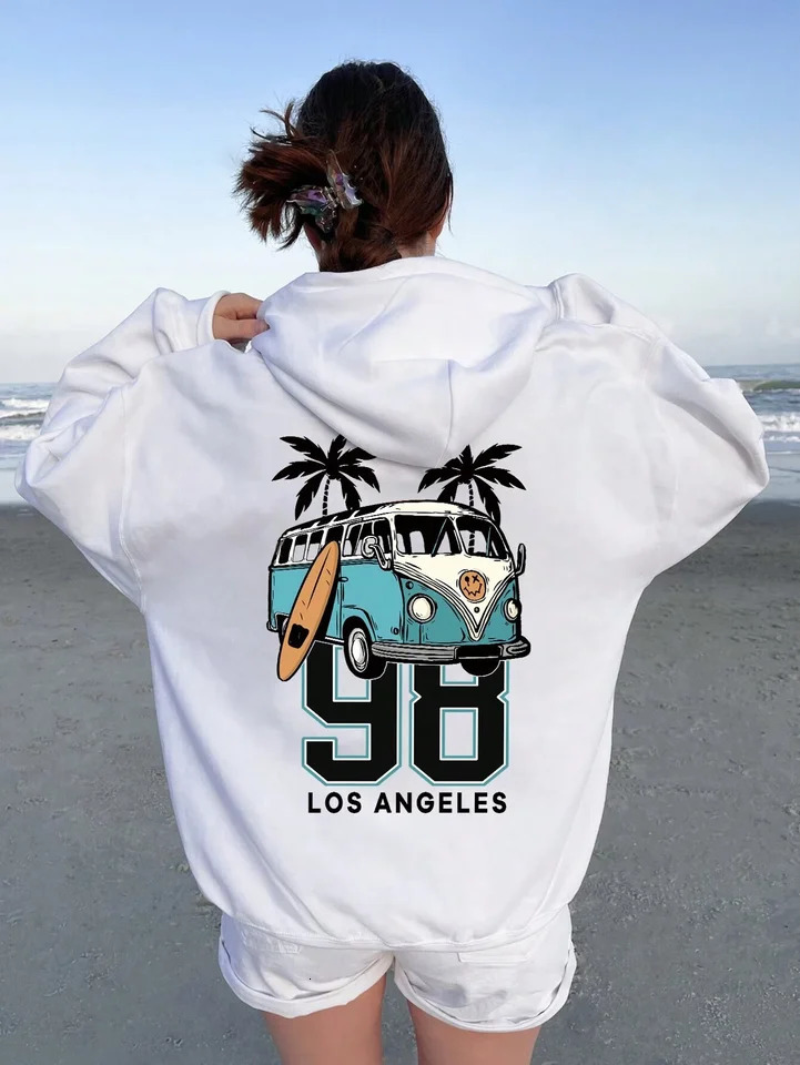 Handheld Flower Back Printed hoodie Womens Autumn And Winter Fashion Versatile White Hooded Hoodie Fleece Sweatshirt 240806