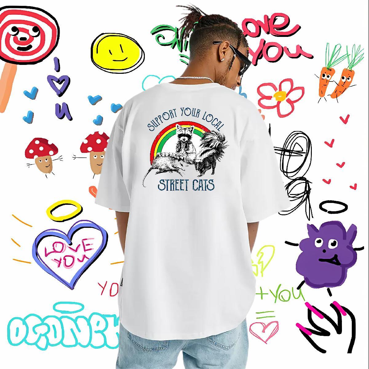 Fashion New T Shirts Men 230g 100% Cotton cat Daily Outfit Tees Shirts Crew Neck Designer Men Tops Tees Anime Print