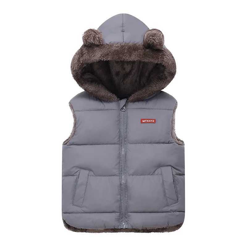 New autumn and winter plush hooded bunny ear fashionable and cute sports vest and 1-6 year warm solid color vestW240724