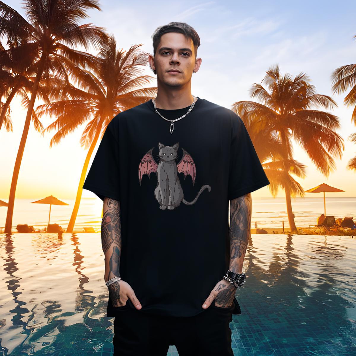 Loose Fit Tshirts 100% Cotton 230g cat Men T Shirts Street Breathable Crew Neck DIY Anime Fashion Wear