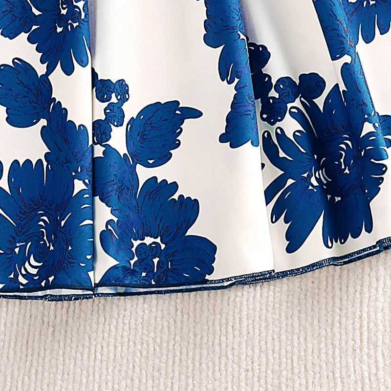 Girl Dress Summer New Sweet Printing Patch Work Bubble Sleeve Blue Princess Dress Birthday Party Dress Girl Baby ClothingW240720