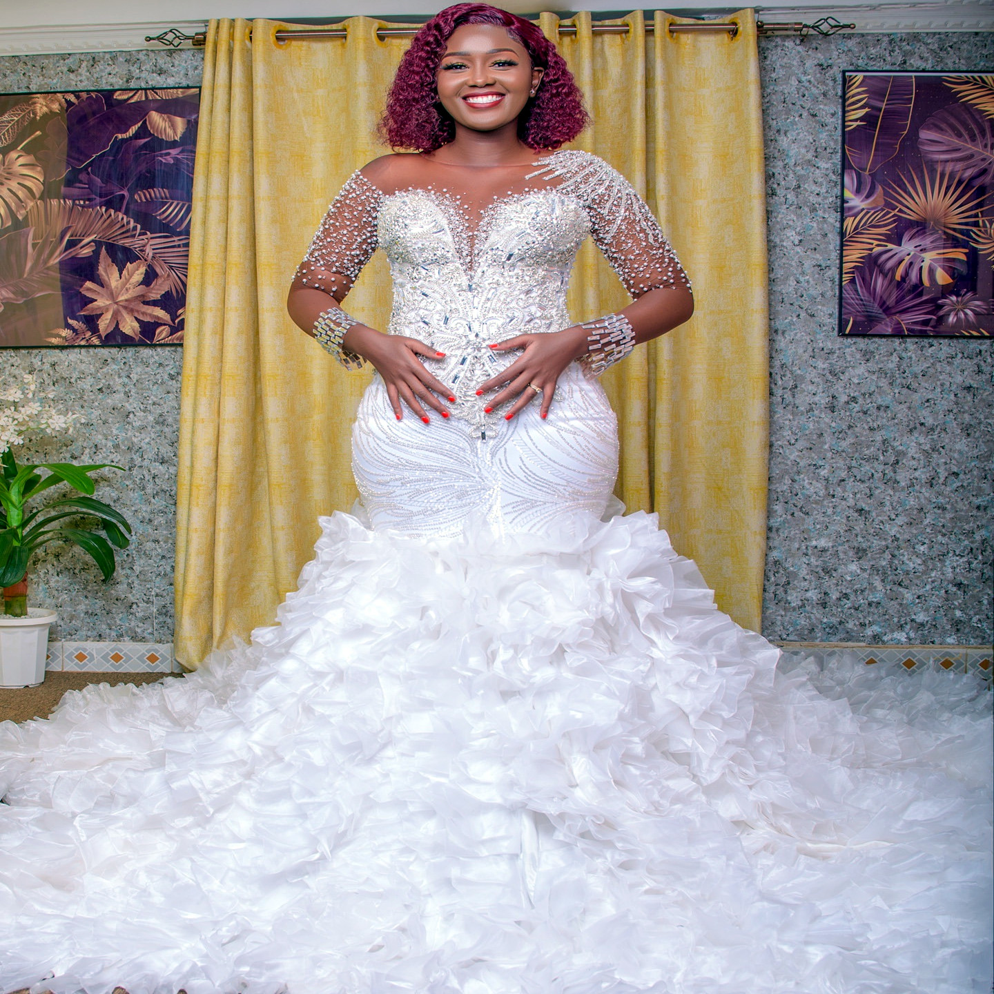 2024 Arabic Aso Ebi Plus Size White Mermaid Wedding Dresses Beaded Crystals Lace Pearls Full Sleeves Bridal Gowns Dress ZJ154