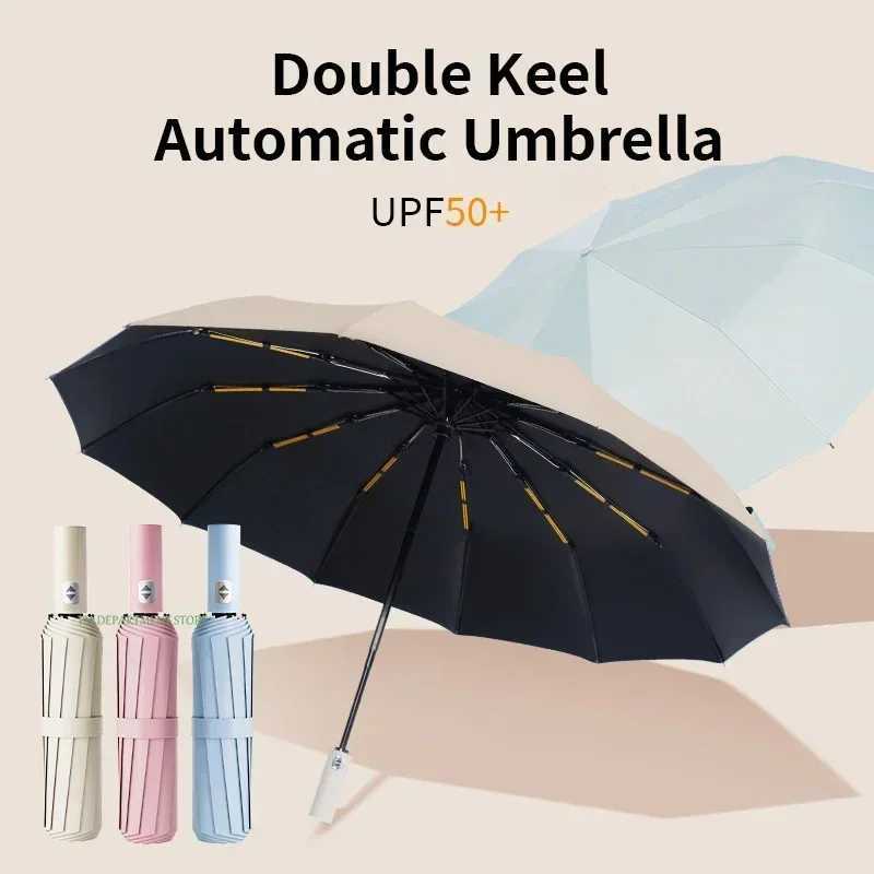 Automatic anti-UV Bone Windproof Fully Large Umbrella 3 Folding 24 Ribs Double Umbrella Travel Rain Men Women Umbrellas UPF