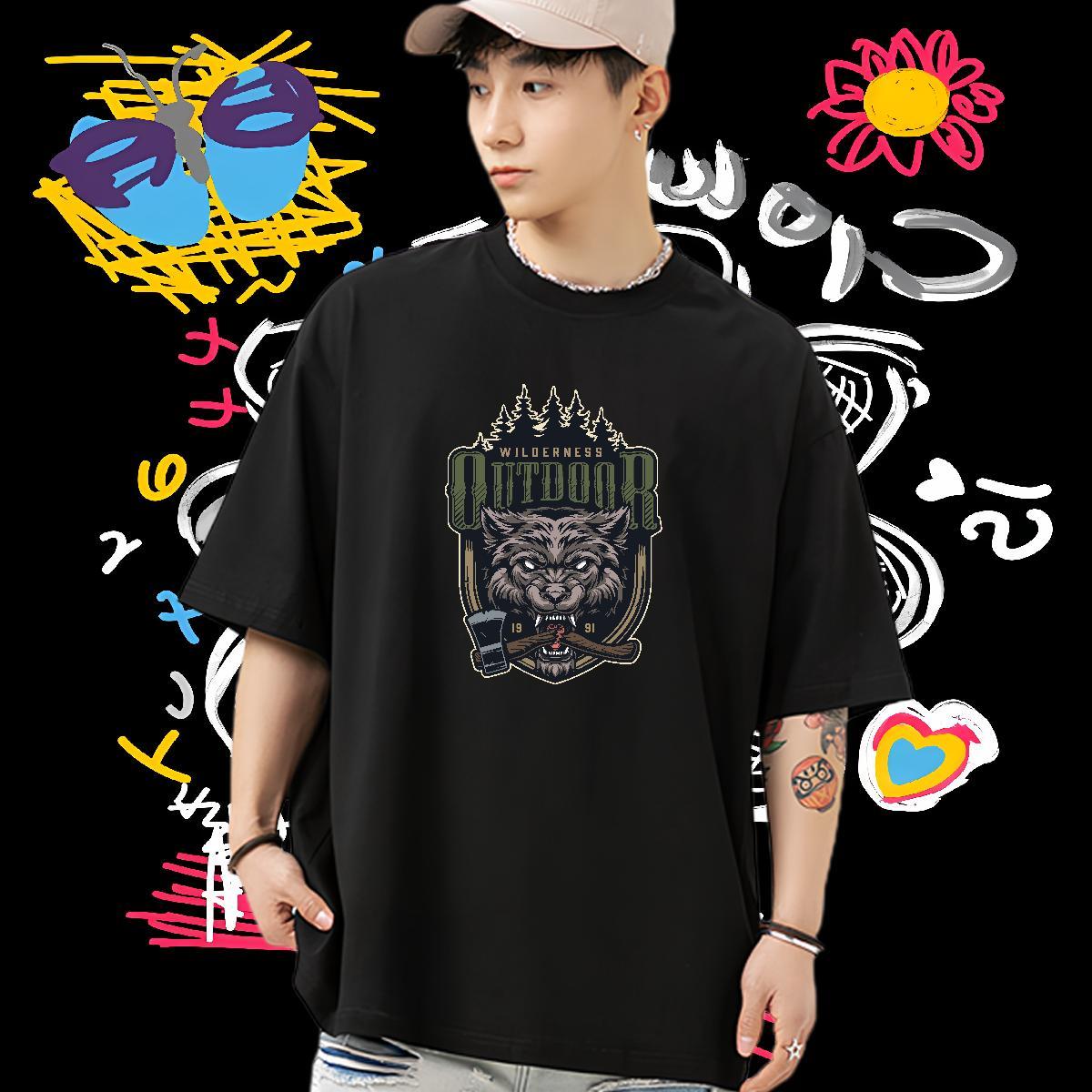 Classic Mens T Shirts 100% Cotton 230g wolf Casual Top Tees Breathable Short Sleeve Wholesale Tshirts Custom Print Plus Size