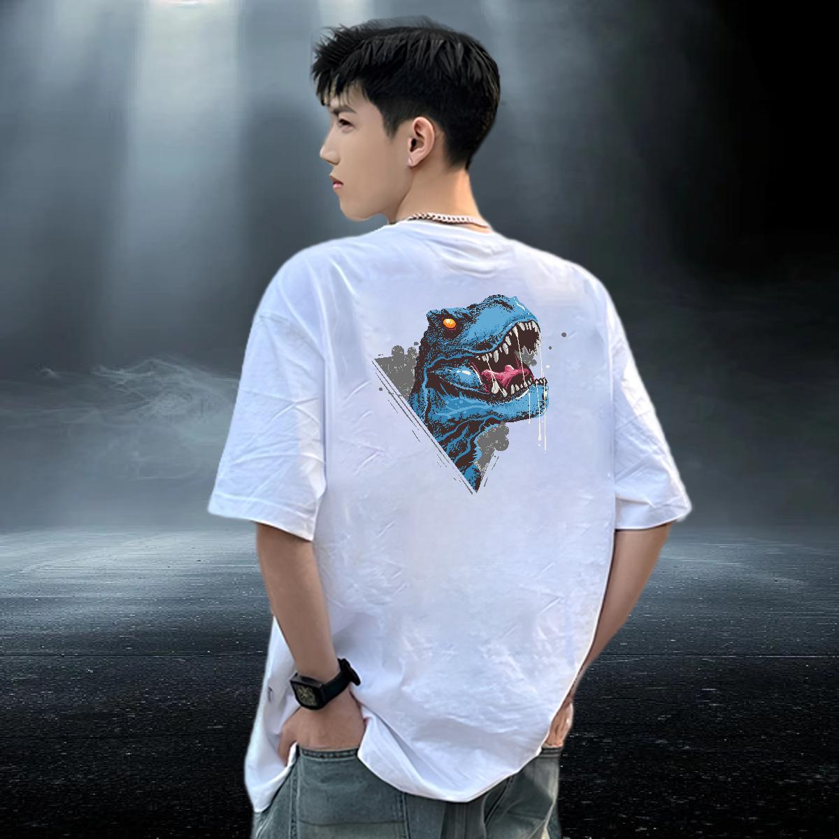 2024 Summer T Shirts Men 230g Cotton dinosaur Casual Tee Shirt Crew Neck Loose Mens Tshirts DIY