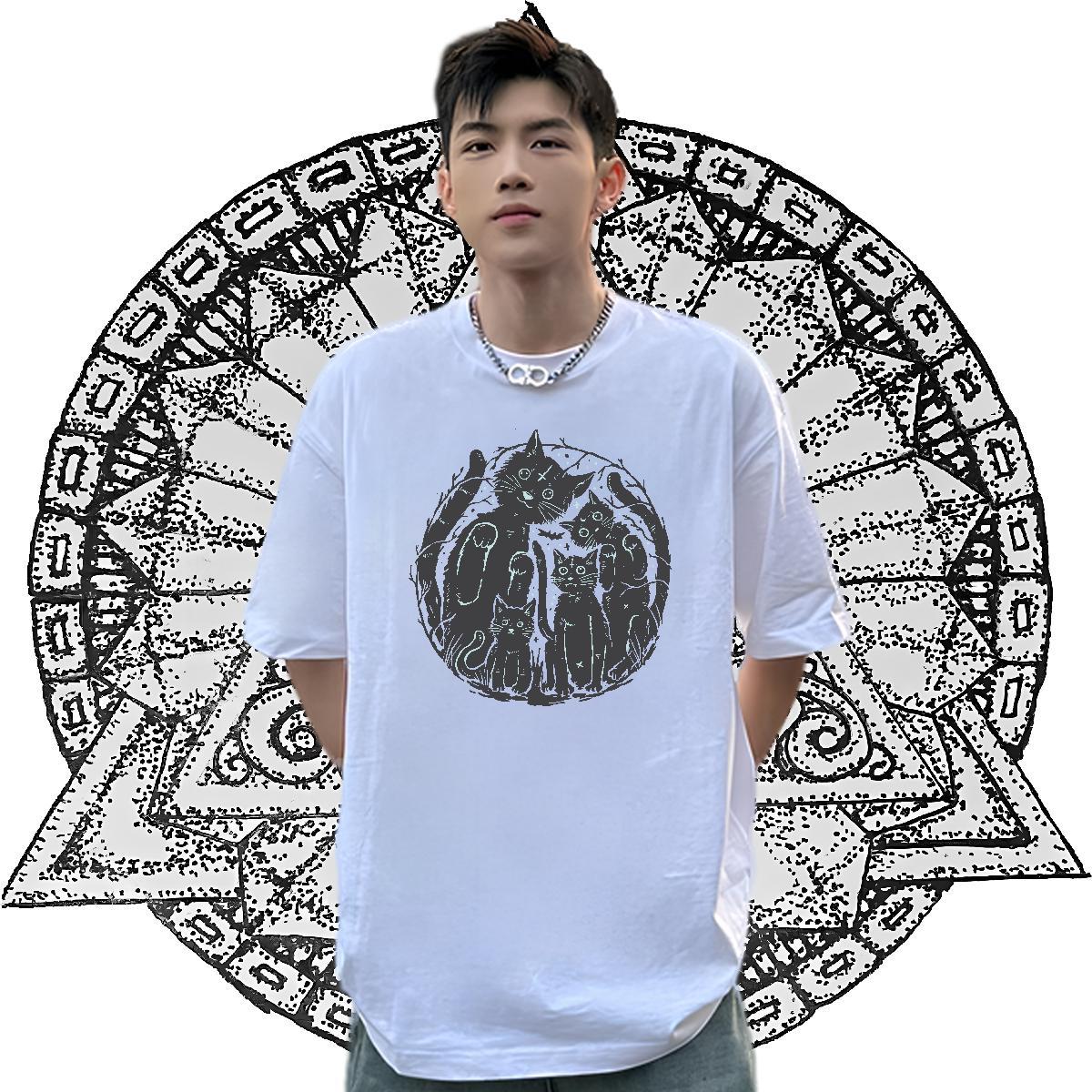Casual New T-Shirts for Men 230g 100% Cotton cat Daily Wear Tops Breathable Brand Men Tshirts Skull