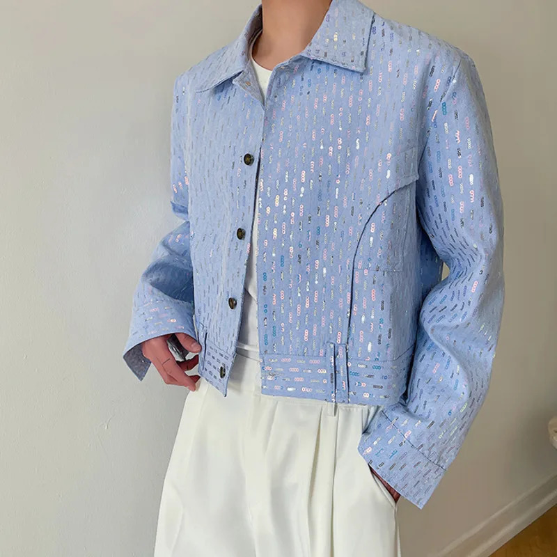 IEFB personalized lapel single chest sequin solid color short sleeved mens clothing autumn item 9A1279240806