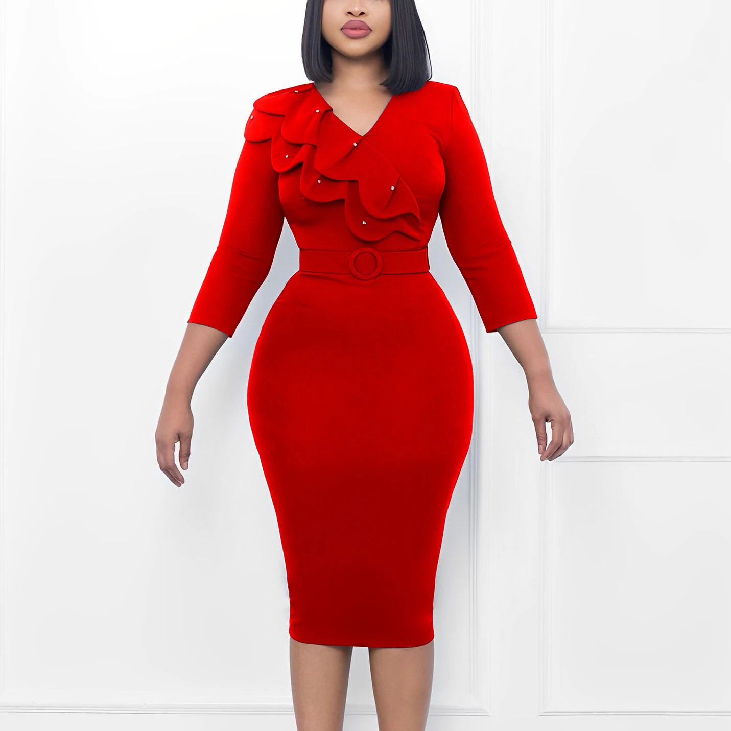 Elegant Office Dresses for Women V Neck Full Sleeve Ruffles Belt Waisted Package Hips Mid Calf Professional Work Dress Midi Robe 240806