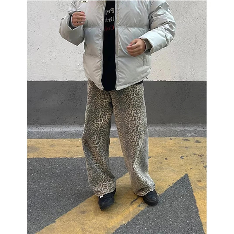 Brown Womens Jeans High Waist Leopard Print Straight Fashion Pants Streetwear Harajuku Y2K Vintage Female Wide Leg Denim Trouse Z260314