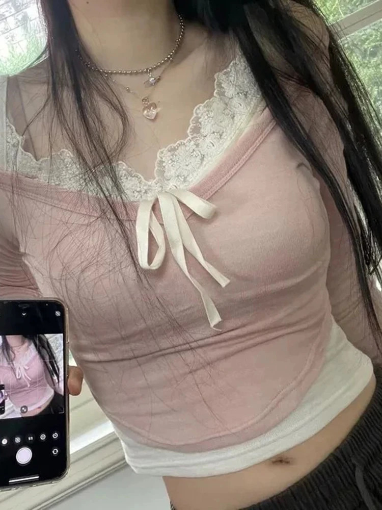 Sweet Y2K Lace Contrast Patchwork Slim Long Sleeve Pink T Shirt Women 2000s Cute Kawaii Clothes 240806