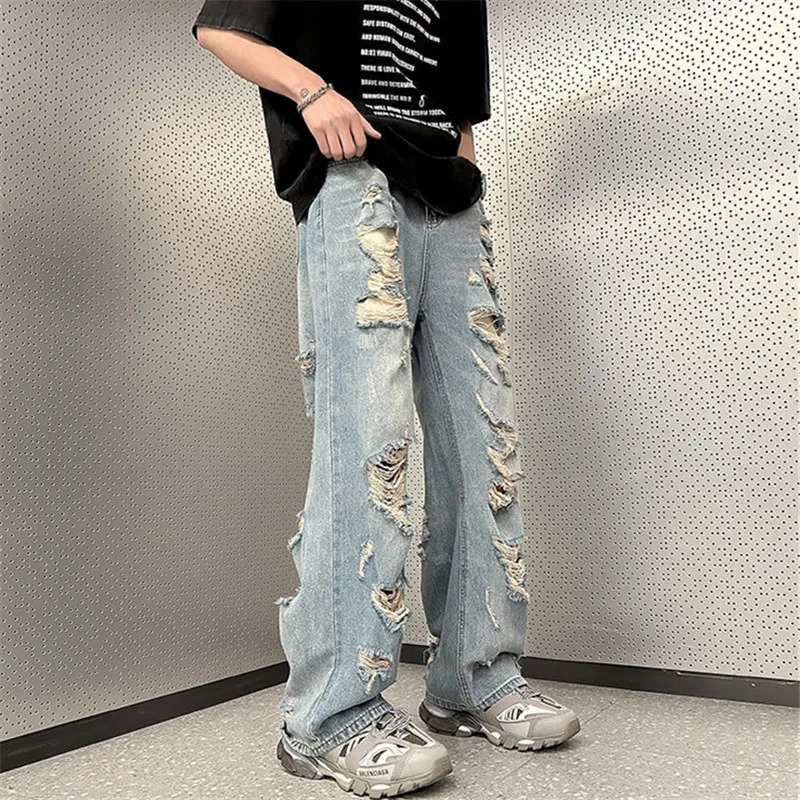 High Street Ripped Jeans Mens Clothing Solid Color Y2K Wide Leg Pants Spring Summer Button Pocket Loose Trousers A048 240806