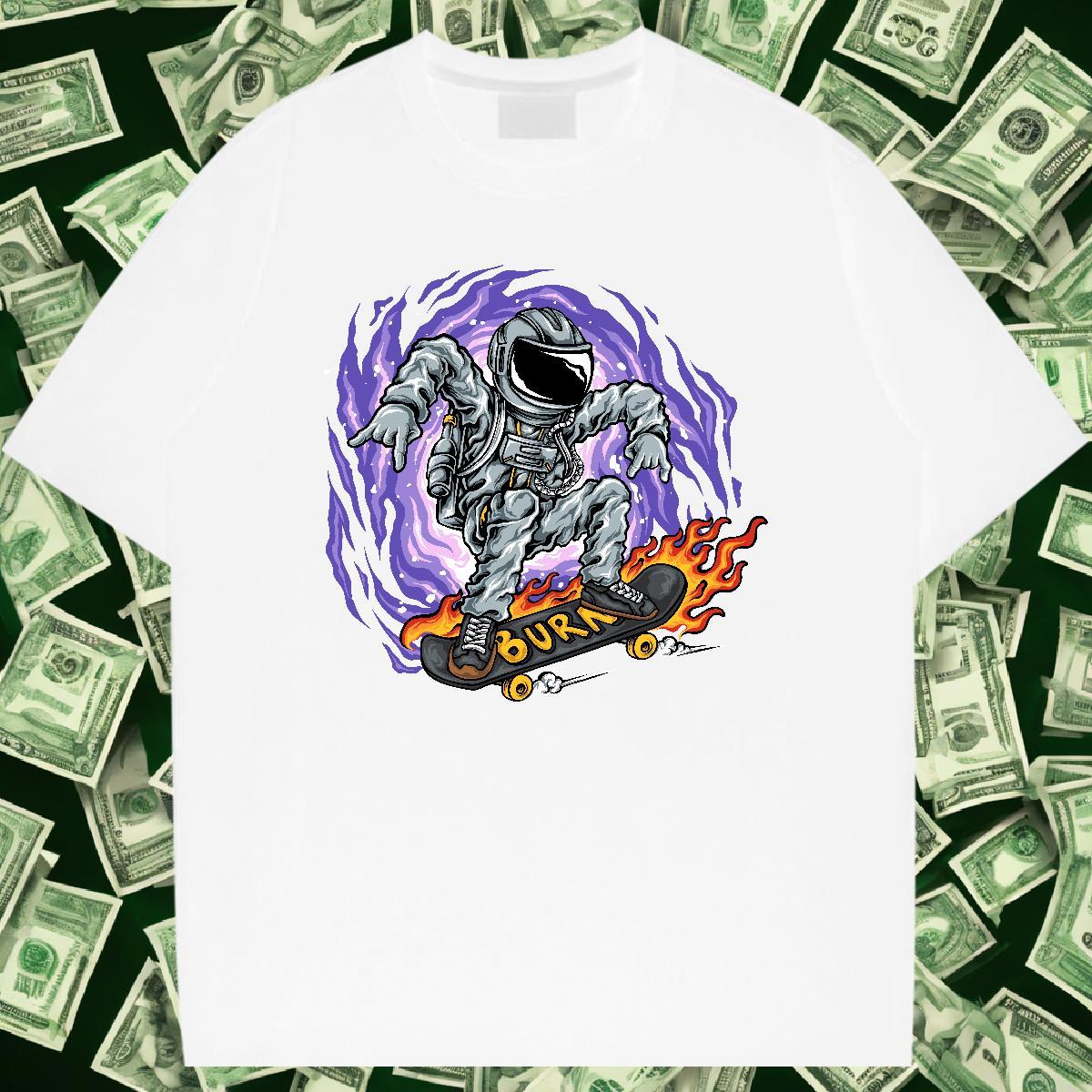 Mens T Shirts 230g Pure Cotton cosmonaut Hip Hop Round Neck Short Sleeve Black White Men Tees DIY Customized High Quality Tops Tees