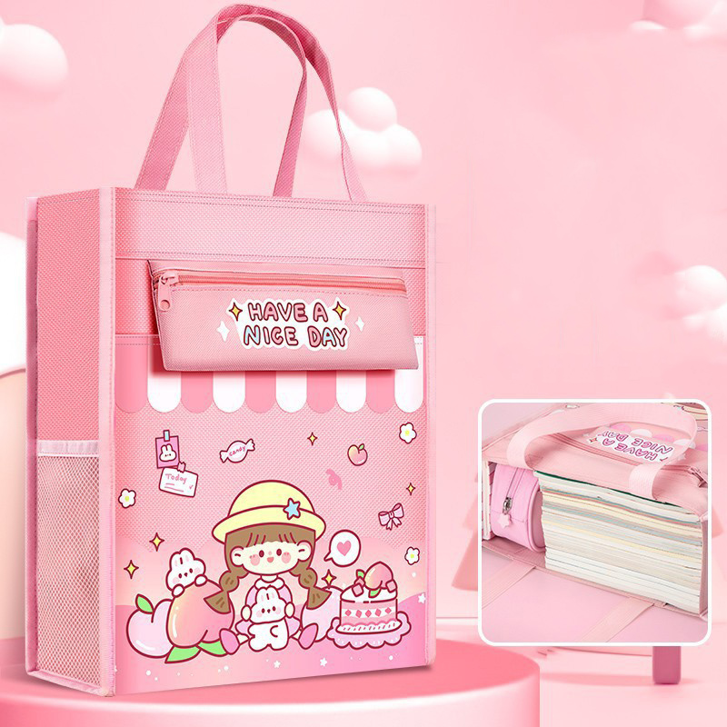 Student Tutoring Bag Large Capacity Handheld Cartoon Carrying Book Bag Canvas Bag Tutoring Class Document Paper Storage Bag Wholesale