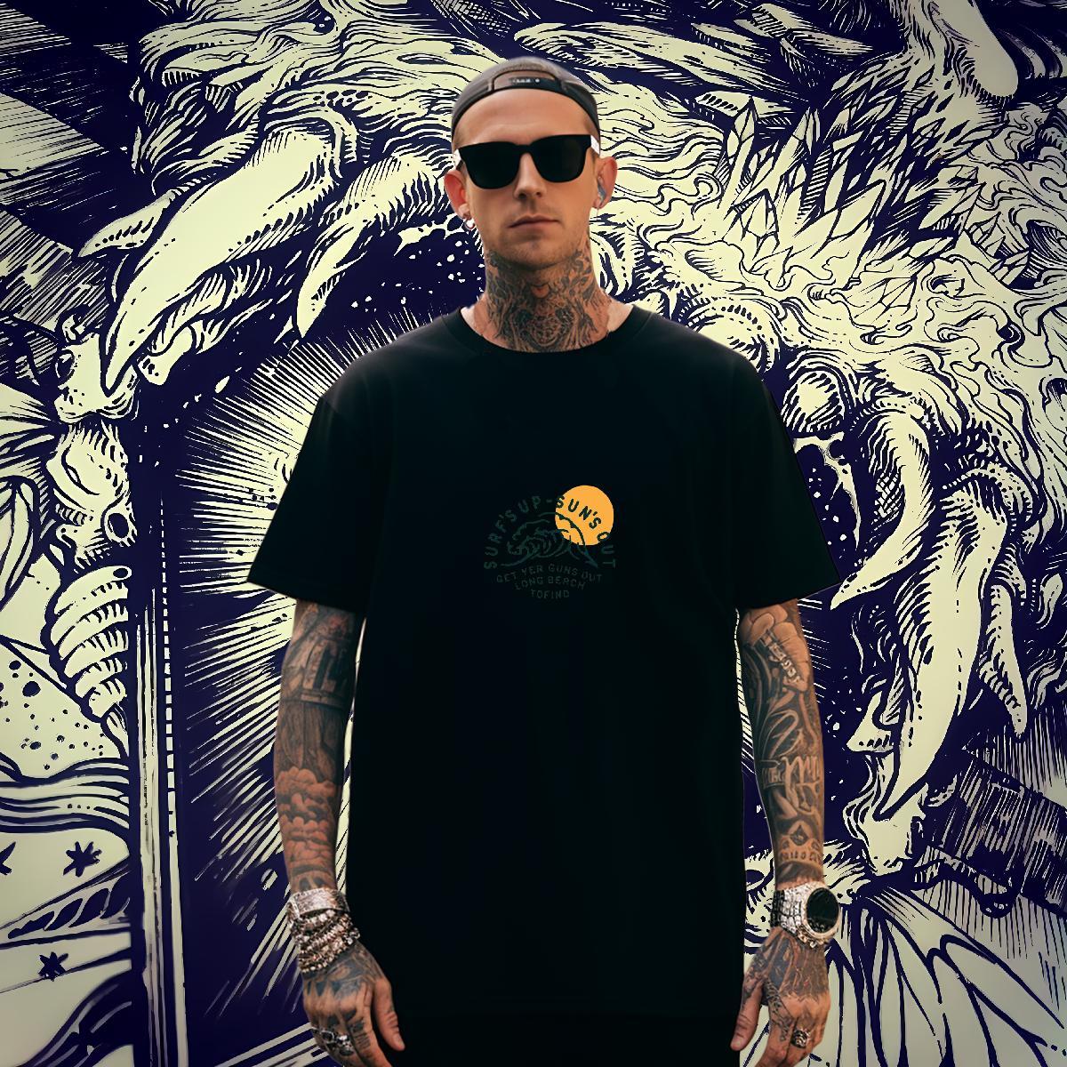 Classic Mens Tshirts 230g Pure Cotton Daily Outfit sea wave DIY Printed Short Sleeve O-Neck New T-Shirts Clothes