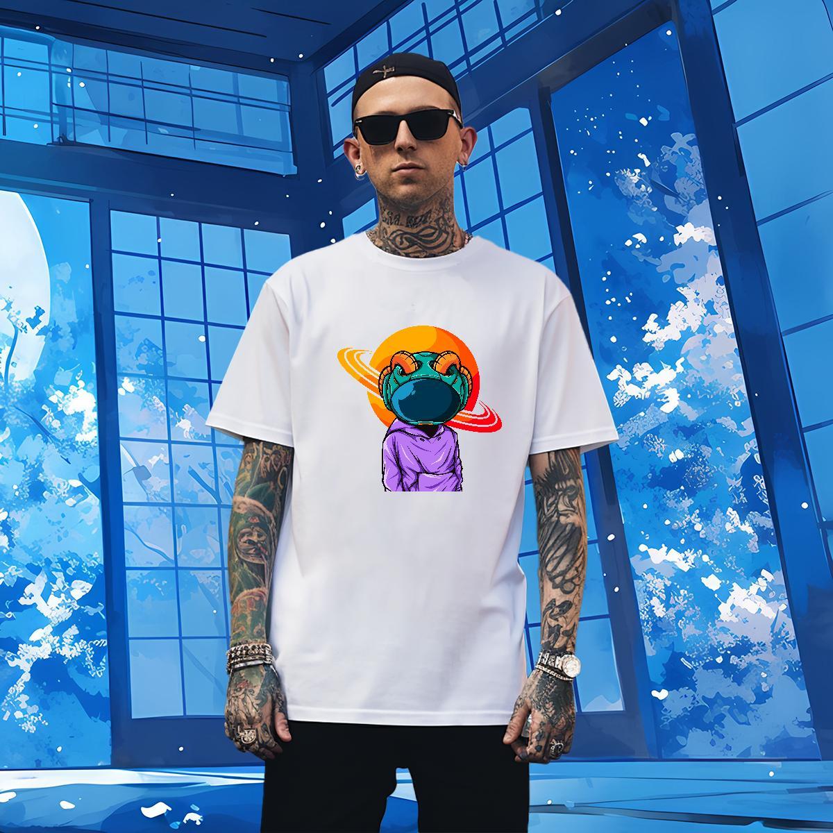 T Shirts Men 100% Cotton 230g cosmonaut Home Outdoor Breathable Crew Neck Plus Size Cartoon Men Tees Fashion Designer Popular Clothings