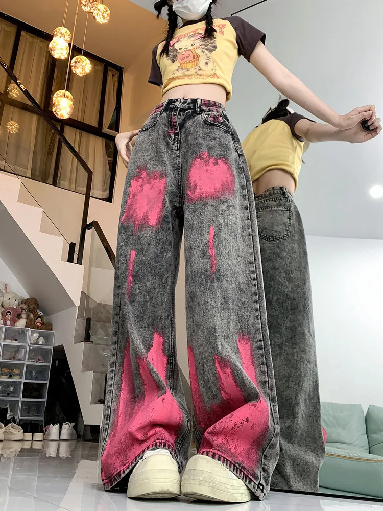 vintage clothes tie-dye jeans womens straight loose pants high street ins wide leg trousers fashion high street pants y2k women 240806