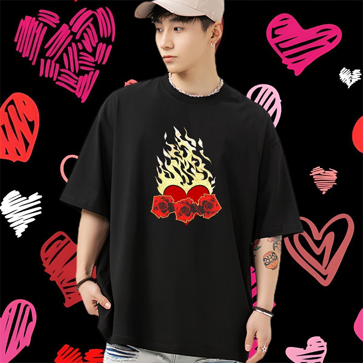 Classic T-Shirts 230g Cotton flower Casual Daily Wear Clothings Breathable Crew Neck Loose Fit Couples T Shirts Floral Print