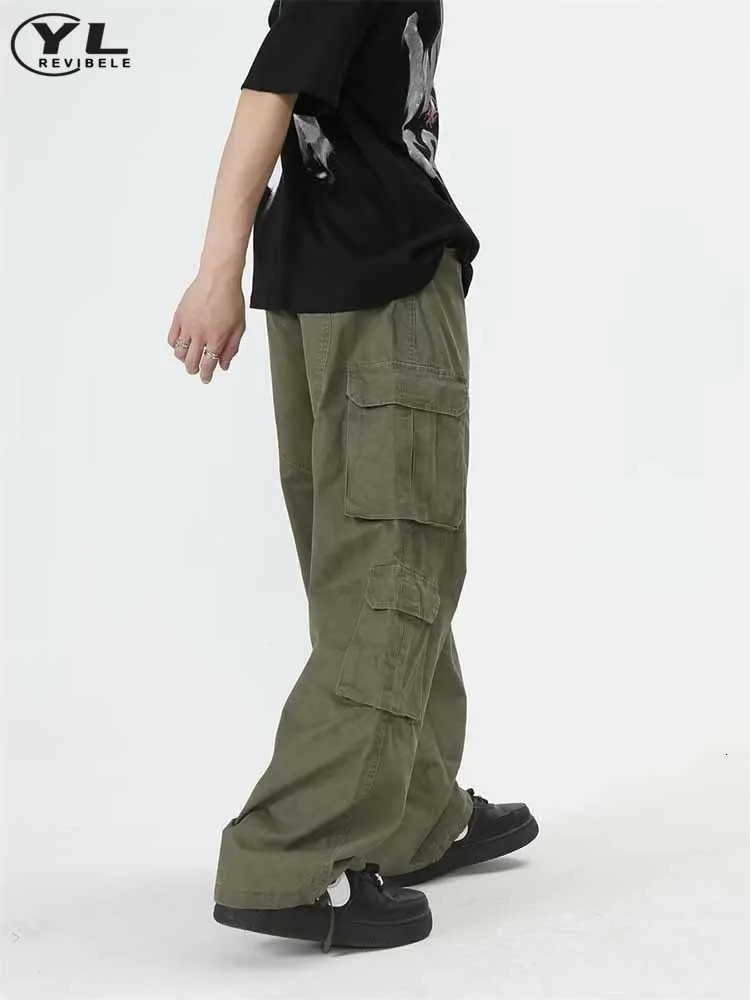 American multi pocket cargo pants mens Japanese retro bag straight casual jogging sports autumn style 240812