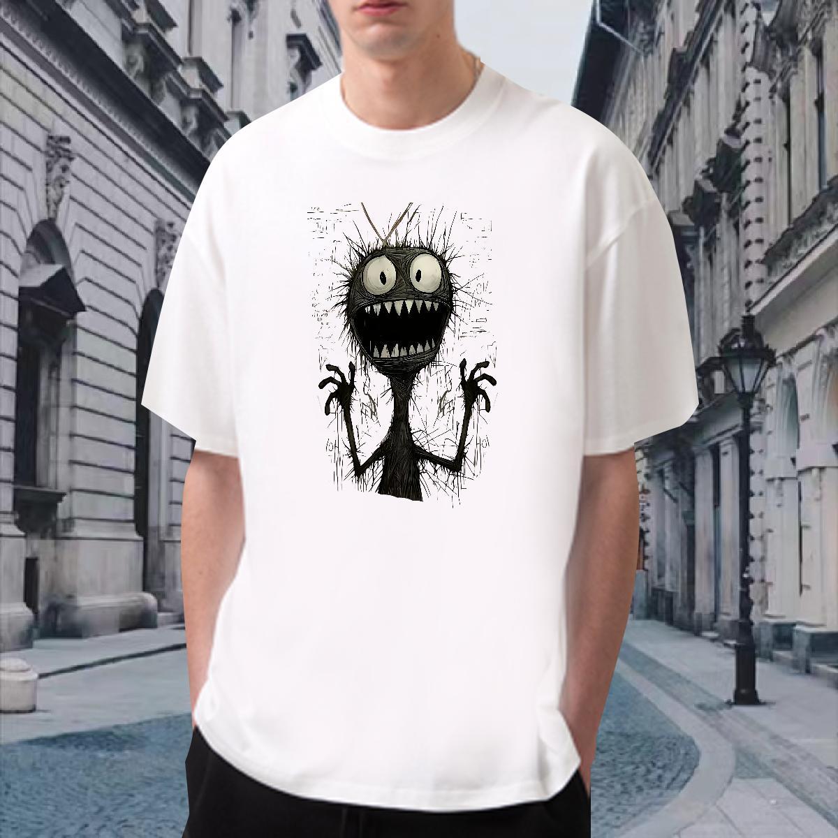 T Shirts Men 230g Pure Cotton Little Monster Street Wear O Neck Short Sleeves Anime Print Men Tees Wholesale Loose Polos