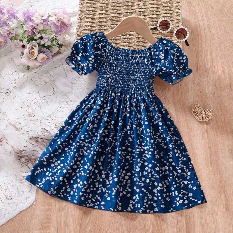 New Sweet Girl Dress Puff Sleeve Printed Princess Party Dress 2024 Summer Flower Dress Childrens Birthday Dress 2-6 Years OldW240720