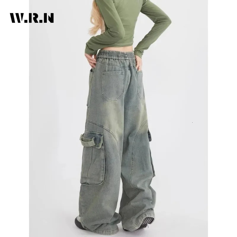 Vintage Casual Grunge Pocket High Waist High Street Blue Jeans Pants Women Drawstring Wide Leg Baggy Y2K Straight Denim Trouser 240806