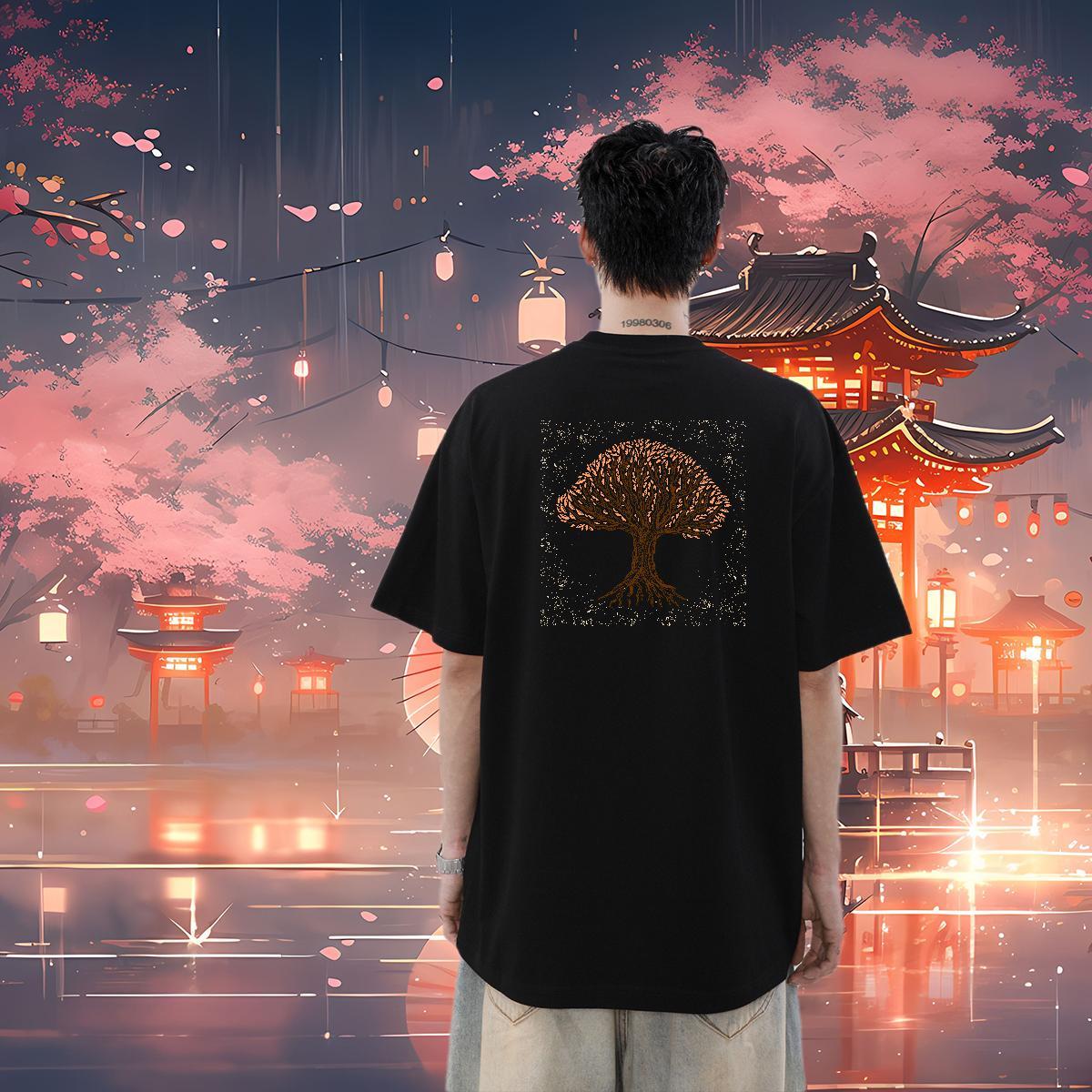 New T-Shirts for Men 230g Cotton tree Street wear Hip Hop Tees Crew Neck Loose Men Tshirts Customized