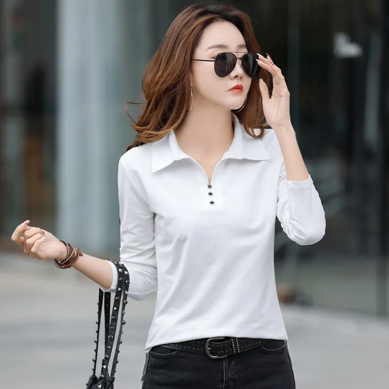 Spring and Autumn Long Sleeve Womens T-shirt Polo Bottom Shirt Womens Casual Lapel Body Shirt with Collar Ladies T-Shirt Tops 240806