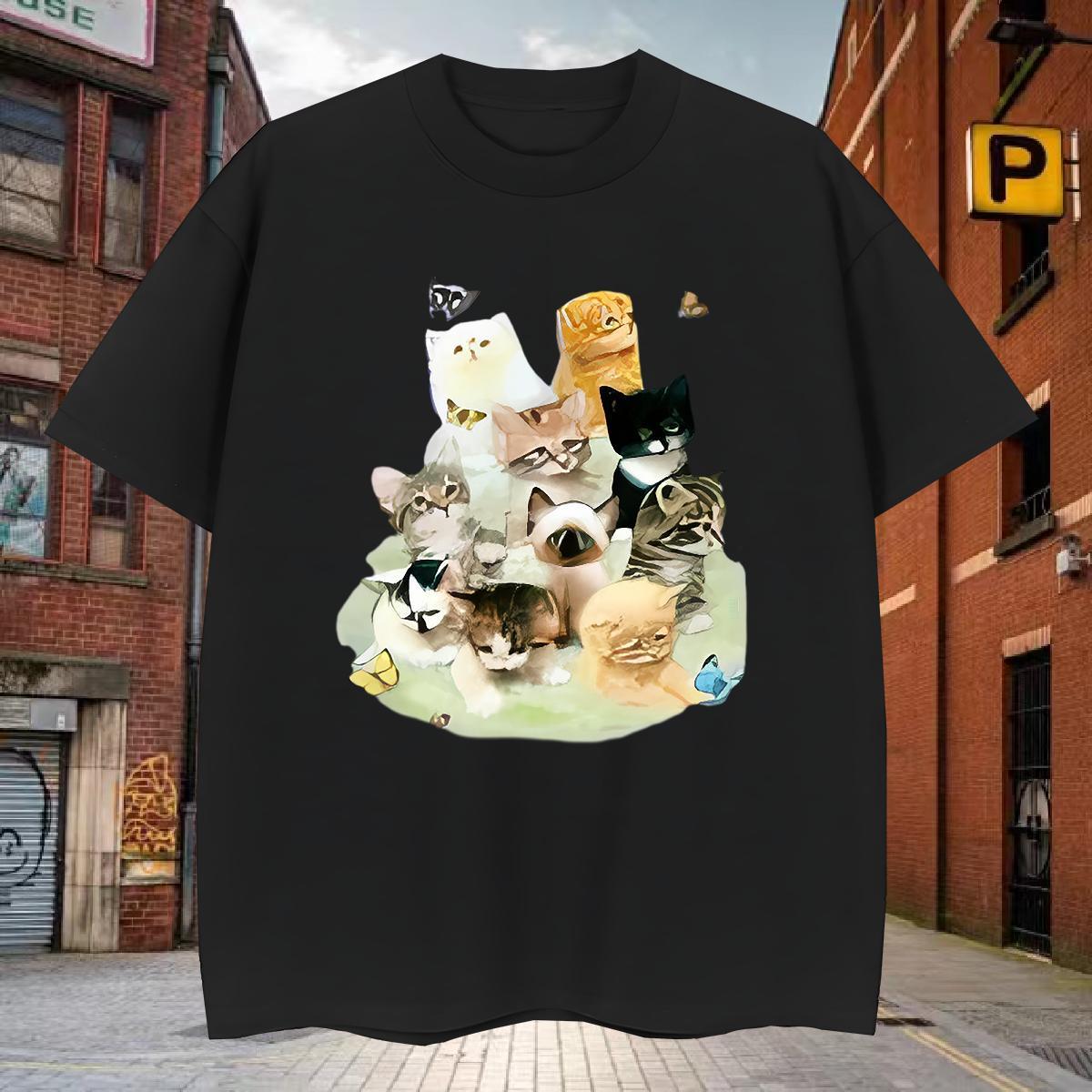 T Shirts Men 230g Pure Cotton cat Hip Hop Breathable Short Sleeve Plus Size Custom Men Tshirts 2024 New Wholesale Tops Shirt