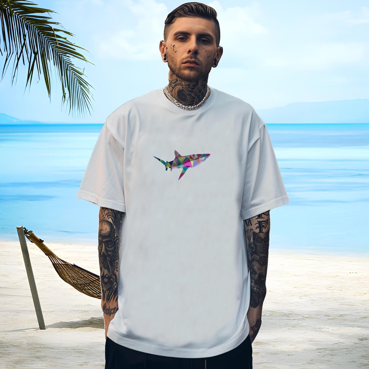 Cool Men Tops Tees 230g 100% Cotton fish T-Shirts Hip Hop Street Short Sleeve Soft Floral Print Fashion New Wear