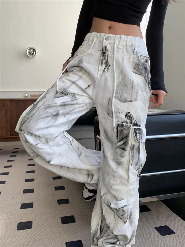 Womens White Cargo Jeans Y2k 90s Vintage High Waist Wide Leg Denim Trousers Harajuku Baggy Jean Pants 2000s Trashy Clothes 240806