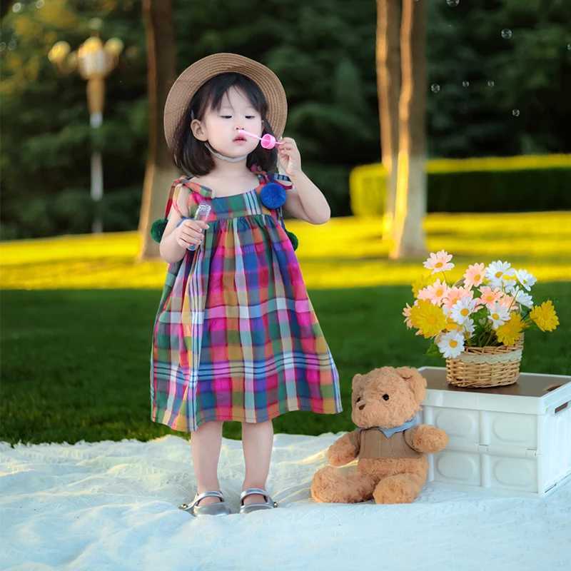 Girls summer clothing girls cotton dress childrens colorful checkered pendant dress childrens sleeveless pendant casual dressW240720
