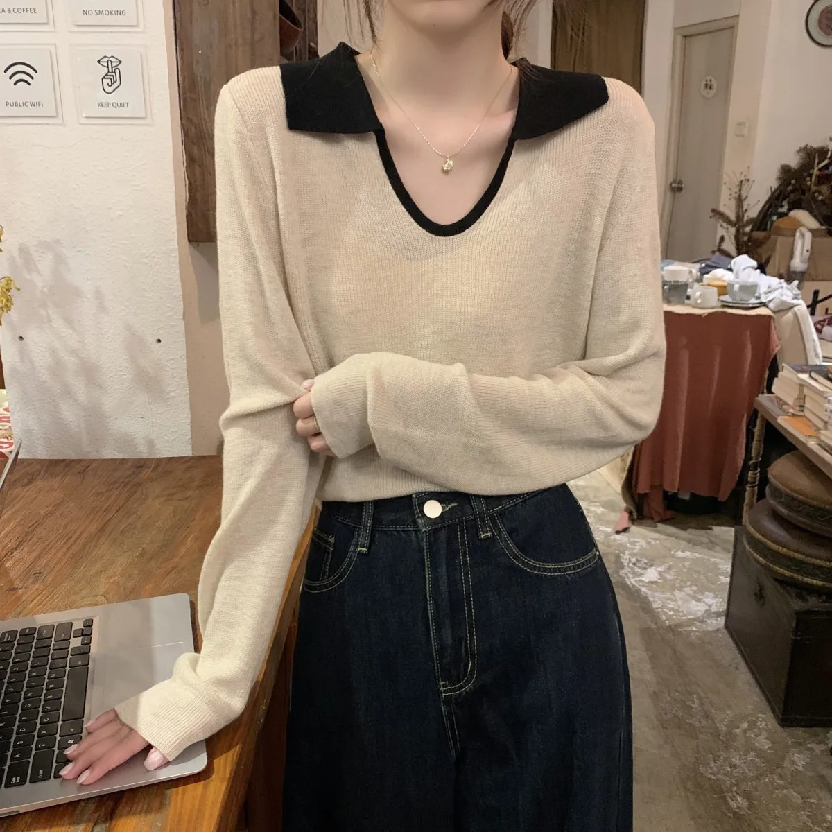 Womens autumn fashion polo neck compared to loose wool knitted long sleeved top Harajuku graphic T-shirt Y2k top 240827