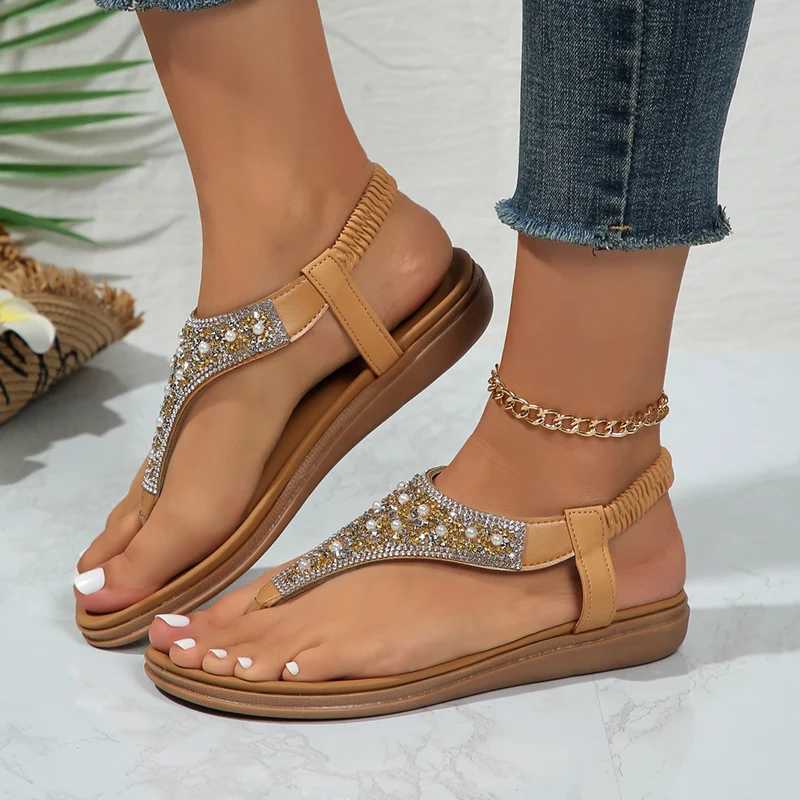 High Quality Lucyever Summer Clip Toe Bohemia Sandals Women Fashion Shiny Crystal Flat Sandalias Woman Non Slip Sole Beach Sandals Women T241227