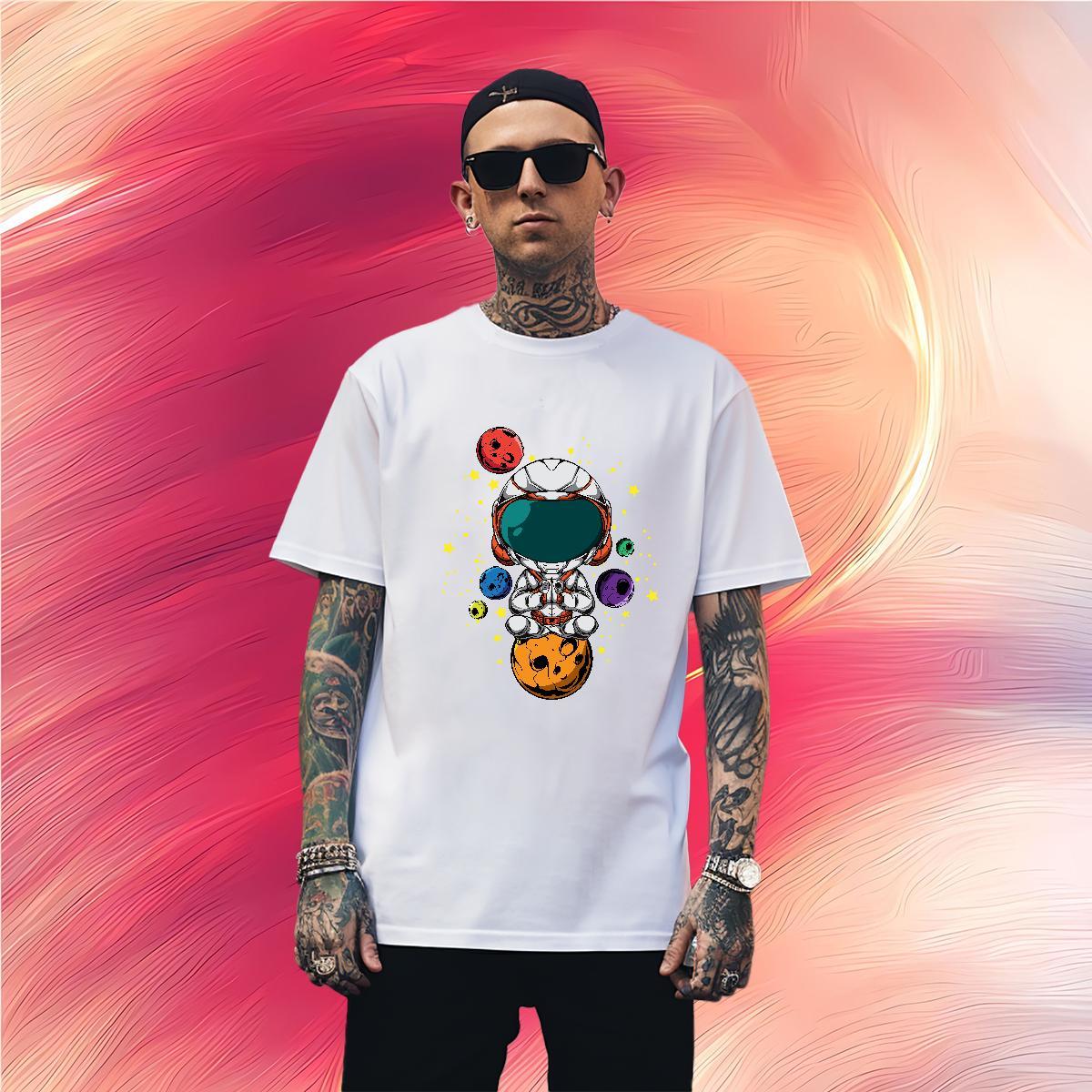 T Shirts Men 230g Pure Cotton cosmonaut Daily Outfit Round Neck Short Sleeve DIY Logo Oversized Tshirt for Man Woman Designer Fashion Popular Tees Shi