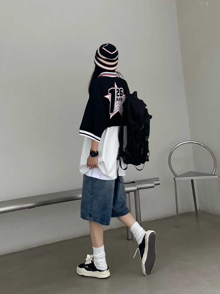 QWEEK Women Y2K Baggy Jorts Vintage Wide Leg Five Points Jeans American Streetwear Casual Washed Oversize Summer Denim Shorts 240806
