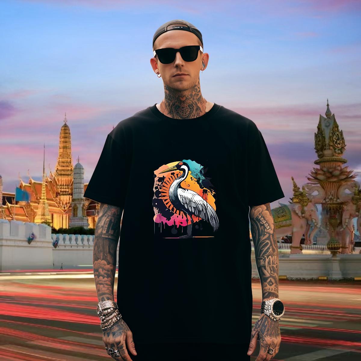 T-Shirts 100% Cotton 230g bird Spring Summer Short Sleeve Soft Cartoon Printing L-4XL Men Tshirts 2024 High Quality Tops Tees