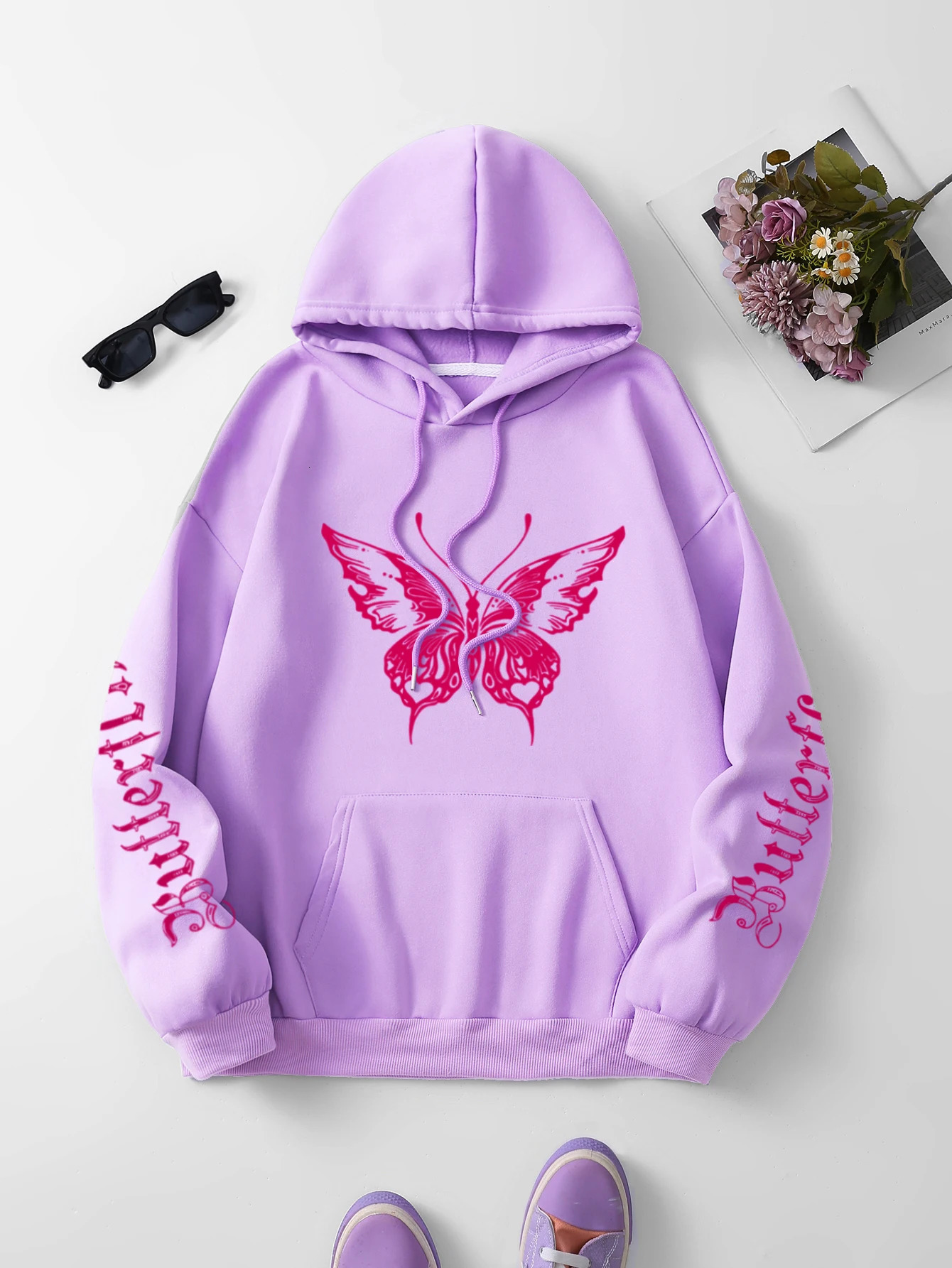 Butterfly Letter Print Drawstring Hoodie Casual Long Sleeve Kangaroo Pocket Hoodie Sweatshirt Womens Clothing 240806