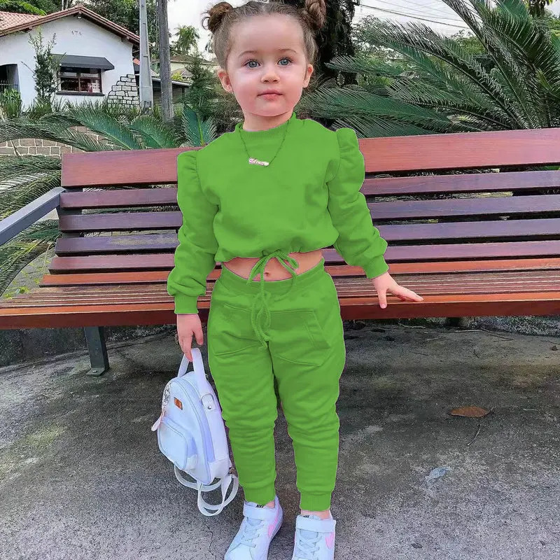 1-8Years Childrens Kids Girls Fall Clothing Outfits Solid Color Long Sleeve Crop TopsSport Pants Trousers Fashion Clothes Sets 240729