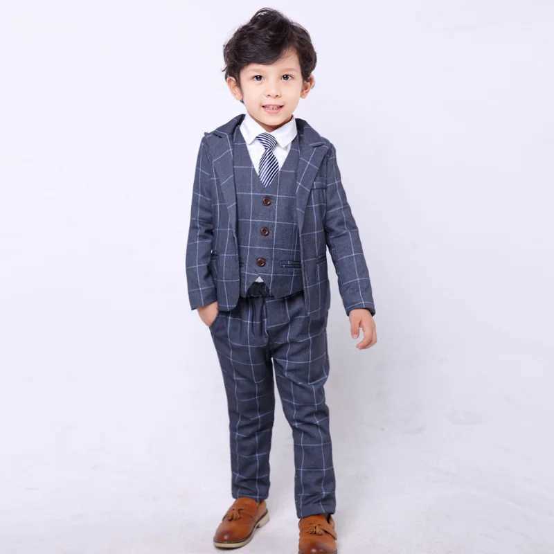 Suits Top Quality Boys Plaid Jacket Vest Pants Bowtie 3Pcs Clothing Set Gentleman Kids Wedding Suit Children Performance Dress