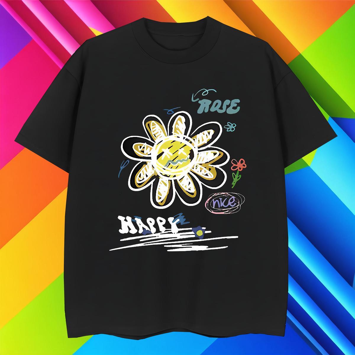 Fashion New T-Shirts for Men 230g Pure Cotton flower Street Casual Tees Shirts Round Neck Short Sleeve Brand Tshirt for Man Woman Asian Size