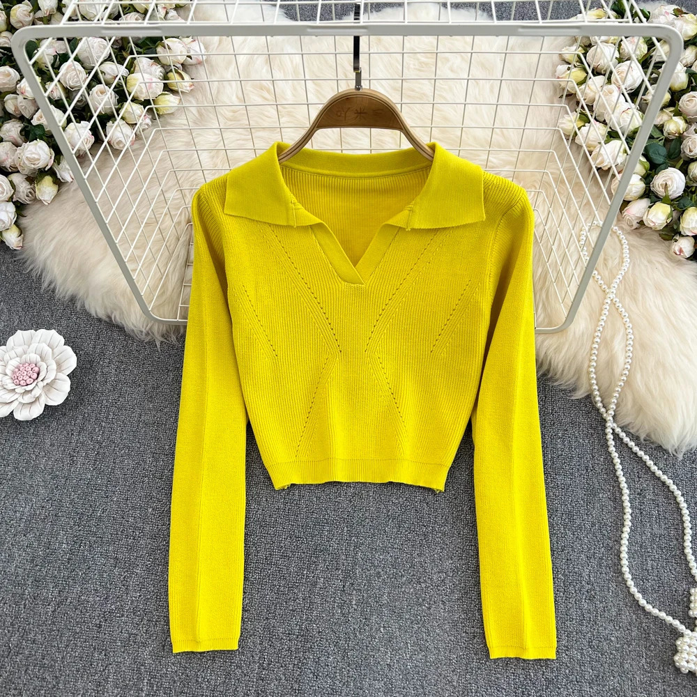Long sleeved ultra-thin knitted collar T-shirt sexy and elegant T-shirt fashionable high waisted T-shirt womens spring and autumn crop top Y2k 240827