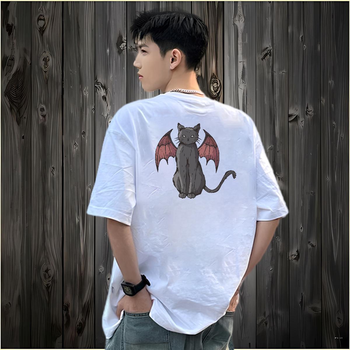 2024 DIY T-Shirts 230g 100% Cotton cat Daily Wear Tops Breathable Crew Neck Loose Couples T Shirts Cartoon Print