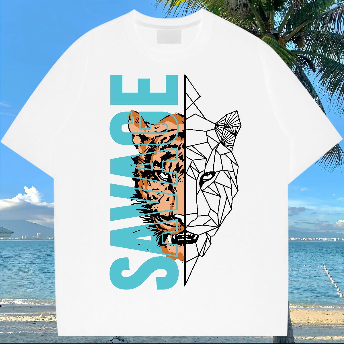 2024 T-Shirts 230g 100% Cotton tiger Street wear Hip Hop Wear Pure Cotton Soft Tshirts DIY Anime