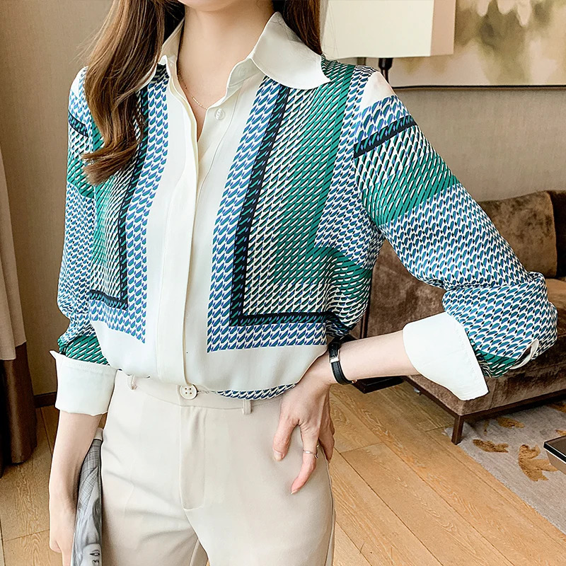#3160 Spring Autumn Office Shirt Women Turn-down Collar Slim Fit Chiffon Womens Tops And Blouses Elegant Office Blouse Femme 240806